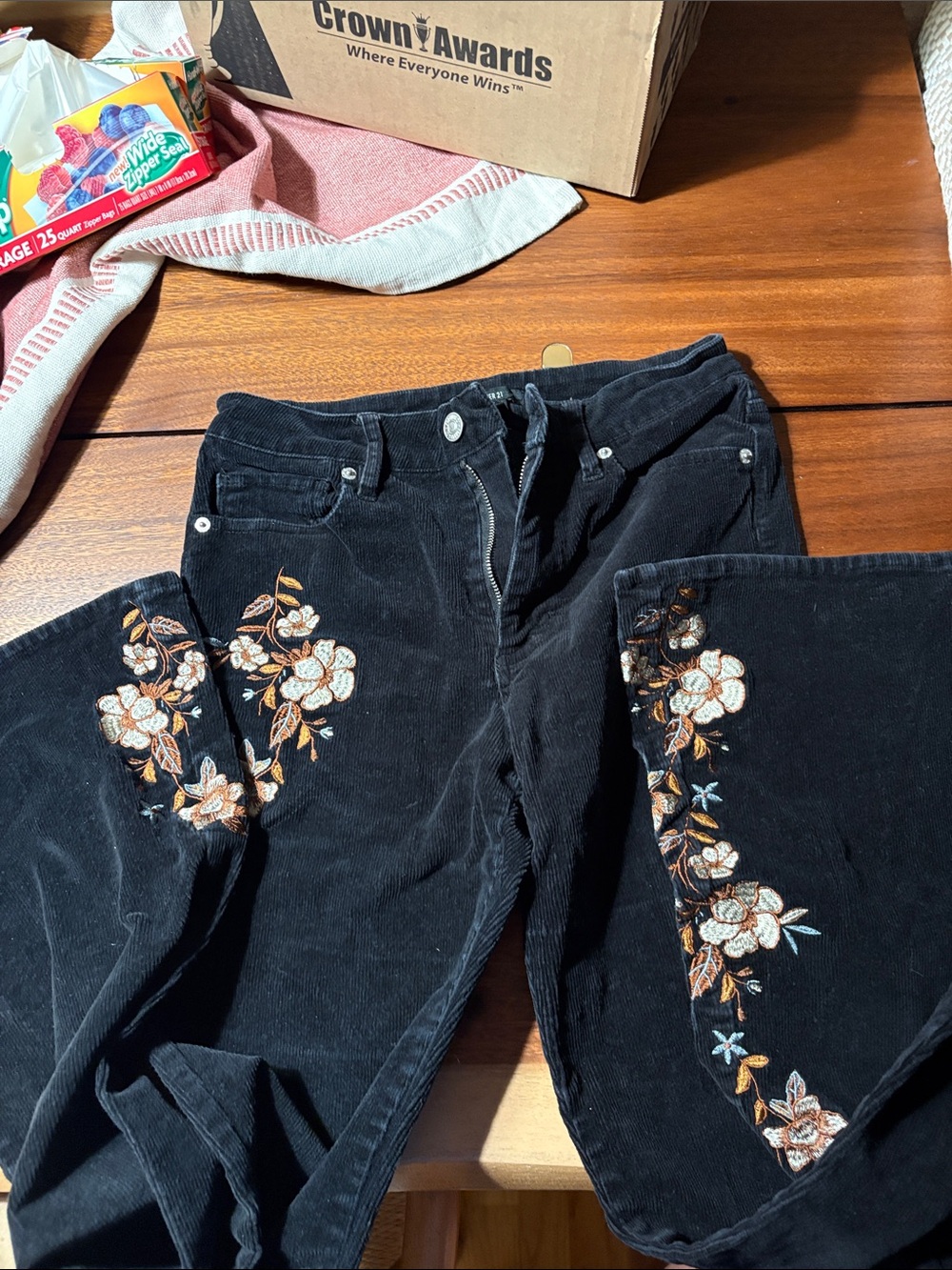 Forever 21 Black Corduroy Jeans with Floral Embroidery
